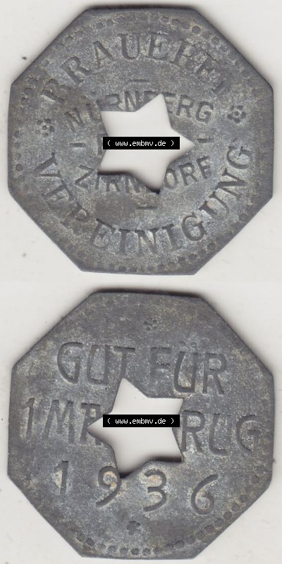 Alte Wertmarken Allgemein 1936, Brauerei-Vereinigung Nürnberg - Zirndorf. Vorderseite und Rückseite vertikal untereinander zusammengefügt... Sammlung
