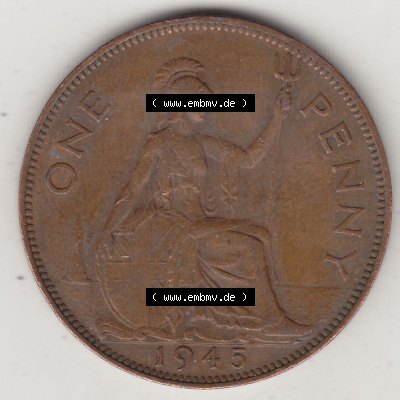 Münzen Großbritannien Eurovorläufer, Umlaufmünze vor Euroeinführung 1937-1948. 1 One Penny 1945 (Stück 1), George VI, GEORGIVS... Sammlung