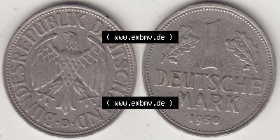 BRD Münzen 1 DM, Umlaufmünze 1950-2001, 1 DM Deutsche Mark, 1950 D-4. Vorderseite und Rückseite der Münze aus Deutschland Sammlung