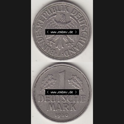 BRD Münzen 1 DM, Umlaufmünze 1950-2001, 1 DM Deutsche Mark, 1950 J-4. Vorderseite und Rückseite auf einen digitalen Bild / Foto der Münze aus Deutschland,... Sammlung