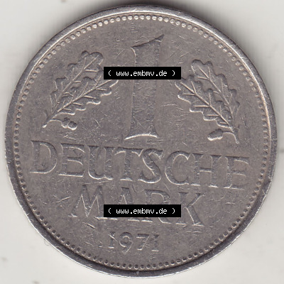 BRD Münzen 1 DM, Umlaufmünze 1950-2001, 1 DM Deutsche Mark, 1971 J-2. Rückseite der Münze aus Deutschland Sammlung