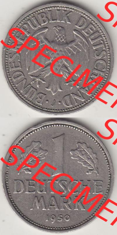 BRD Münzen 1 DM, Umlaufmünze 1950-2001, 1 DM Deutsche Mark, 1950 J-4. Vorderseite und Rückseite auf einen digitalen Bild / Foto der Münze aus Deutschland,... Sammlung