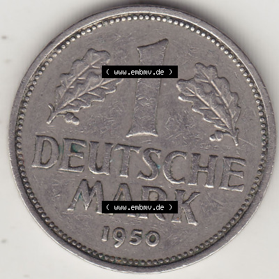 BRD Münzen 1 DM, Umlaufmünze 1950-2001, 1 DM Deutsche Mark, 1950 J-6. Rückseite der Münze aus Deutschland Sammlung