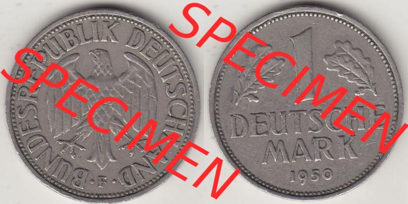 BRD Münzen 1 DM, Umlaufmünze 1950-2001, 1 DM Deutsche Mark, 1950 F-7. Vorderseite und Rückseite der Münze aus Deutschland Sammlung