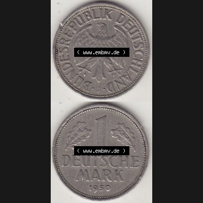 BRD Münzen 1 DM, Umlaufmünze 1950-2001, 1 DM Deutsche Mark, 1950 J-8. Vorderseite und Rückseite auf einen digitalen Bild / Foto der Münze aus Deutschland,... Sammlung
