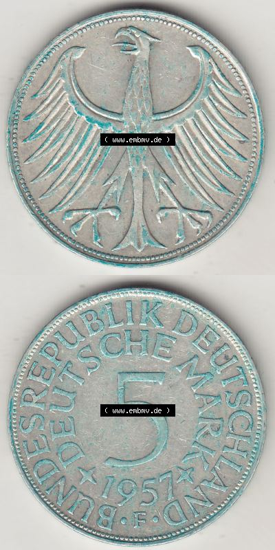 Münzen Deutsche Mark Silbermünze 1951-1974, 5 DM, 5 Deutsche Mark Silberadler, Heiermann 1957 F-2. Bildmaterial mit Vorderseite... Sammlung