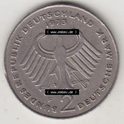BRD Münzen 2 DM Gedenkmünze 1969-1987, 2 DM, Deutsche Mark Konrad Adenauer 1973-1 F. Vorderseite der Münze aus Deutschland Sammlung