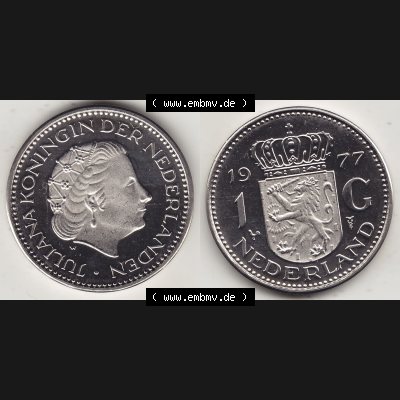 Aus offiziellen Münzensatz / KMS 1977 Niederlande 1967-1980, 1 Gulden, 1977-1 JULIANA KONINGIN DER NEDERLANDEN. Vorderseite und Rückseite aus den Niederlanden Sammlung