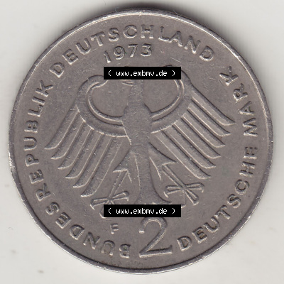 BRD Münzen 2 DM Gedenkmünze 1969-1987, 2 DM, Deutsche Mark Konrad Adenauer 1973 (Stück 1) F. Vorderseite der Münze aus Deutschland Sammlung