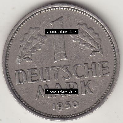 BRD Münzen 1 DM, Umlaufmünze 1950-2001, 1 DM Deutsche Mark, 1950 F-5. Rückseite der Münze aus Deutschland Sammlung