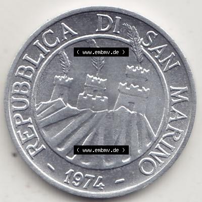 Aus offiziellen Münzensatz / KMS 1974 San Marino vor Euro 1974-1974, 5 Lire, L.5 MINGUZZI MONASSI INC. (1) Sammlung