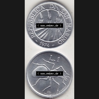 Aus offiziellen Münzensatz / KMS 1974 San Marino vor Euro 1974-1974, 1 Lire, 1 Lira, L.1 MINGUZZI MONASSI INC. (4) Sammlung