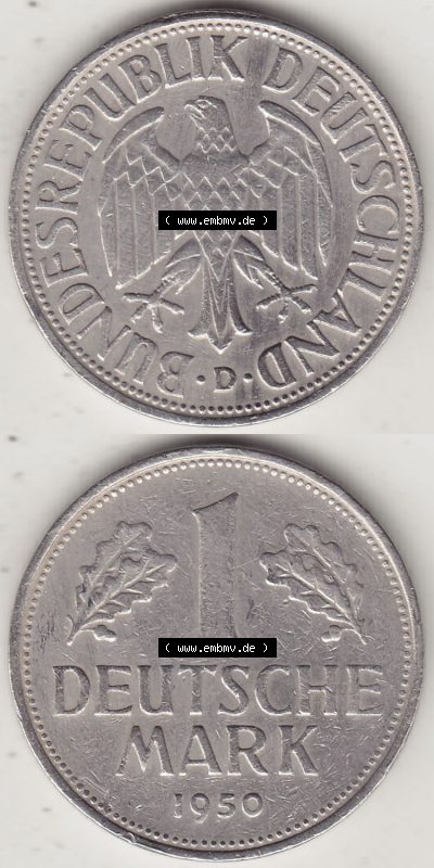 BRD Münzen 1 DM, Umlaufmünze 1950-2001, 1 DM Deutsche Mark, 1950 D-5. Vorderseite und Rückseite auf einen digitalen Bild /... Sammlung