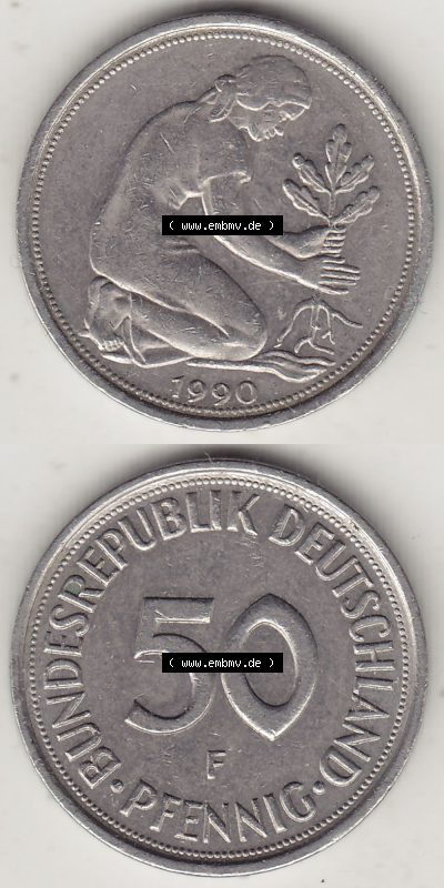 Münzen Deutschland 50 Pfennig der Deutschen Mark 1950-2001, 50 Pfennig 1990 F-1 (4) Sammlung