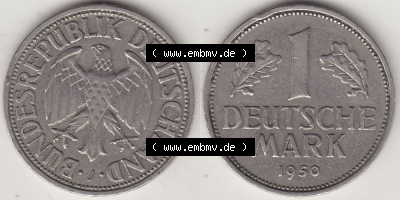 BRD Münzen 1 DM, Umlaufmünze 1950-2001, 1 DM Deutsche Mark, 1950 J-4. Vorderseite und Rückseite der Münze aus Deutschland Sammlung