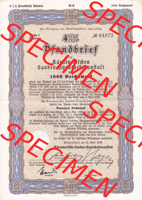 Alte Wertpapiere Österreich im Deutschen Reich 1939, 4.5 Prozent Pfandbrief, Zur Anlegung von Mündelgeldern zugelassen, Kärntnerischer Landes-Hypothekenanstalt (1) Sammlung