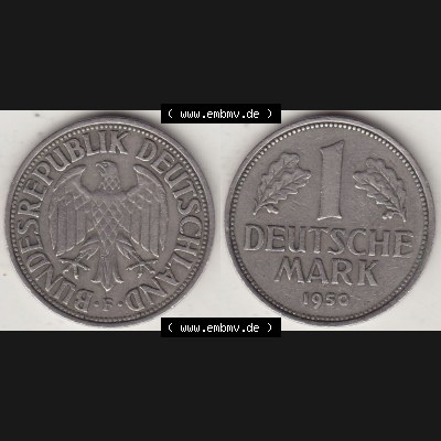 BRD Münzen 1 DM, Umlaufmünze 1950-2001, 1 DM Deutsche Mark, 1950 F-3. Vorderseite und Rückseite der Münze aus Deutschland Sammlung