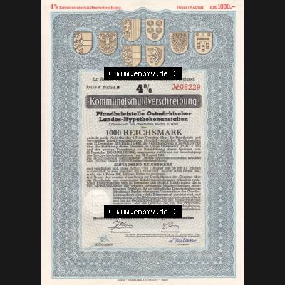 Alte Wertpapiere Österreich im Deutschen Reich 1940, Kommunal-Schuldverschreibung, Pfandbriefstelle Ostmärkischer Landes-Hypothekenanstalt über Eintausend 1000 Reichsmark (1) Sammlung