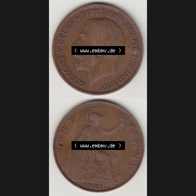 Alte Münzen Großbritannien Eurovorläufer, Umlaufmünze vor Euroeinführung 1911-1926, 1 Penny, One Penny, 1921-1, B.M. GEORGIVS V DEI... Sammlung