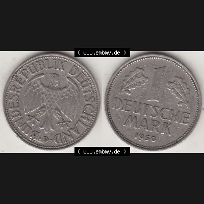 BRD Münzen 1 DM, Umlaufmünze 1950-2001, 1 DM Deutsche Mark, 1950 D-2. Vorderseite und Rückseite der Münze aus Deutschland Sammlung