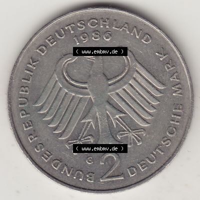 BRD Münzen 2 DM Gedenkmünze 1969-1987, 2 DM, Deutsche Mark Konrad Adenauer 1986-1 G. Vorderseite der Münze aus Deutschland Sammlung