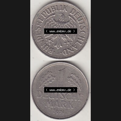 BRD Münzen 1 DM, Umlaufmünze 1950-2001, 1 DM Deutsche Mark, 1971 J-2. Vorderseite und Rückseite auf einen digitalen Bild / Foto der Münze aus Deutschland,... Sammlung