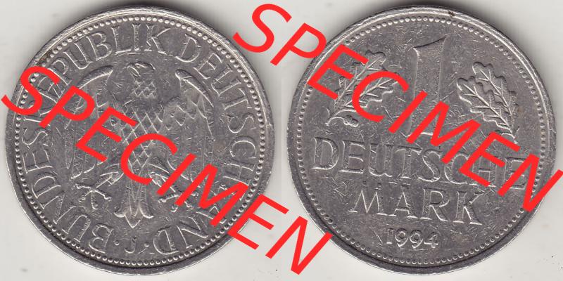 BRD Münzen 1 DM, Umlaufmünze 1950-2001, 1 DM Deutsche Mark, 1994 J-2. Vorderseite und Rückseite der Münze aus Deutschland Sammlung