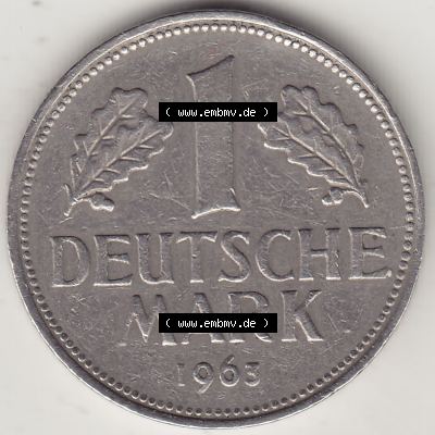 BRD Münzen 1 DM, Umlaufmünze 1950-2001, 1 DM Deutsche Mark, 1963 J-1. Rückseite der Münze aus Deutschland Sammlung
