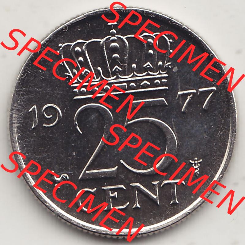 Aus offiziellen Münzensatz / KMS 1977 Niederlande 1950-1980, 25 Cent, 1977-1 JULIANA KONINGIN DER NEDERLANDEN. Rückseite der Münze aus den Niederlanden Sammlung