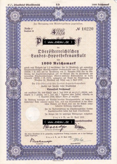 Alte Wertpapiere Österreich im Deutschen Reich 1939, Reihe 1, Buchstabe B, 4.5 Prozent Pfandbrief, Zur Anlegung von Mündelgeldern... Sammlung