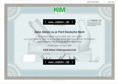 Alte Wertpapiere Bundesrepublik Deutschland in Deutsche Mark 1997, Zehn Aktien zu je Fünf Deutsche Mark, 5 DM KM Möbel AG Kirchlengern... Sammlung