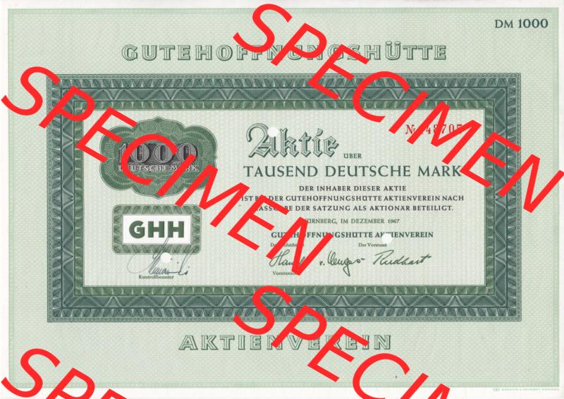 Alte Wertpapiere Bundesrepublik Deutschland in Deutsche Mark 1967, 1000 DM, Deutsche Mark, Aktie Gutehoffnungshütte (1) Sammlung