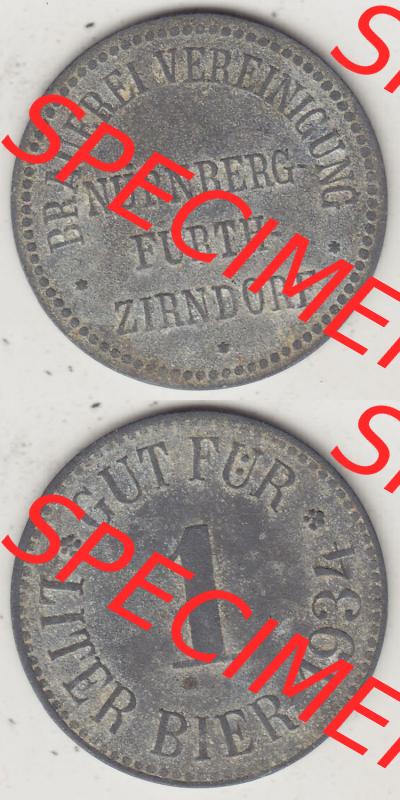 Alte Biermarken Allgemein 1934, Gut für 1 Liter Bier, Brauerei Vereinigung Nürnberg Furth Zirndorf. Vorderseite und Rückseite vertikal untereinander zusammengefügt... Sammlung