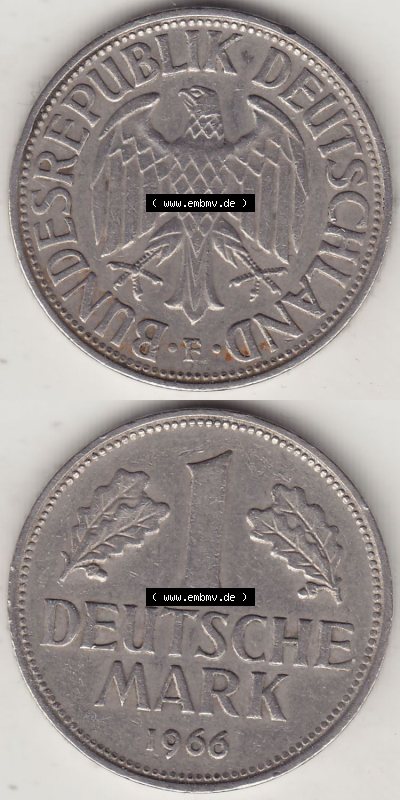 BRD Münzen 1 DM, Umlaufmünze 1950-2001, 1 DM Deutsche Mark, 1966 F-1. Vorderseite und Rückseite auf einen digitalen Bild /... Sammlung