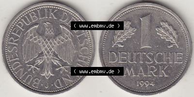 BRD Münzen 1 DM, Umlaufmünze 1950-2001, 1 DM Deutsche Mark, 1994 J-1. Vorderseite und Rückseite der Münze aus Deutschland Sammlung