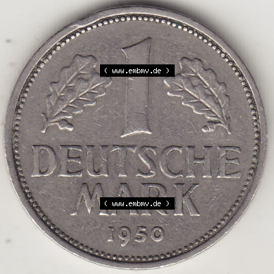 BRD Münzen 1 DM, Umlaufmünze 1950-2001, 1 DM Deutsche Mark, 1950 J-4. Rückseite der Münze aus Deutschland Sammlung