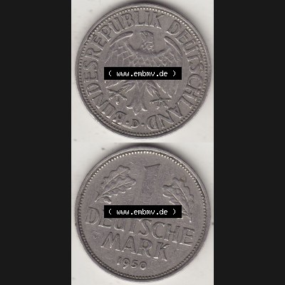 BRD Münzen 1 DM, Umlaufmünze 1950-2001, 1 DM Deutsche Mark, 1950 D-2. Vorderseite und Rückseite auf einen digitalen Bild / Foto der Münze aus Deutschland,... Sammlung