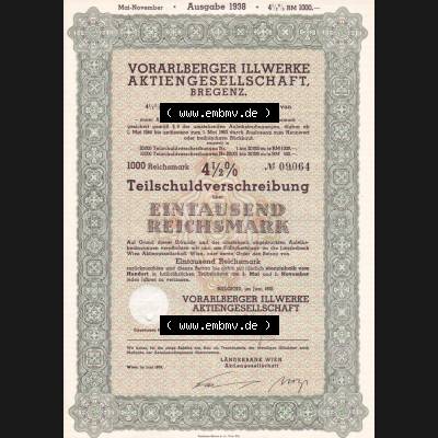 Alte Wertpapiere Österreich im Deutschen Reich 1938, Vorarlberger Illwerke Aktiengesellschaft-Bregenz, 4.5 Prozent Teilschuldverschreibung über Eintausend Reichsmark (1) Sammlung