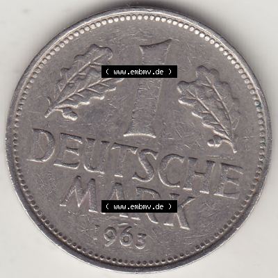 BRD Münzen 1 DM, Umlaufmünze 1950-2001, 1 DM Deutsche Mark, 1963 G-1. Rückseite der Münze aus Deutschland Sammlung