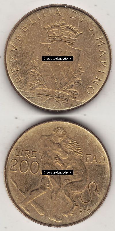 Aus offiziellen Münzensatz / KMS 1979 San Marino vor Euro 1979-1979, 200 Lire, L.200, J. V. LIBERTAS REPVBBLICA DI S. MARINO,... Sammlung
