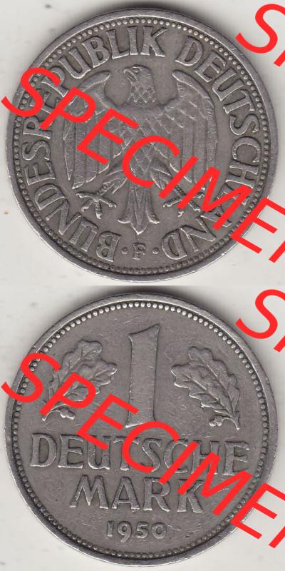 BRD Münzen 1 DM, Umlaufmünze 1950-2001, 1 DM Deutsche Mark, 1950 F-3. Vorderseite und Rückseite auf einen digitalen Bild / Foto der Münze aus Deutschland,... Sammlung