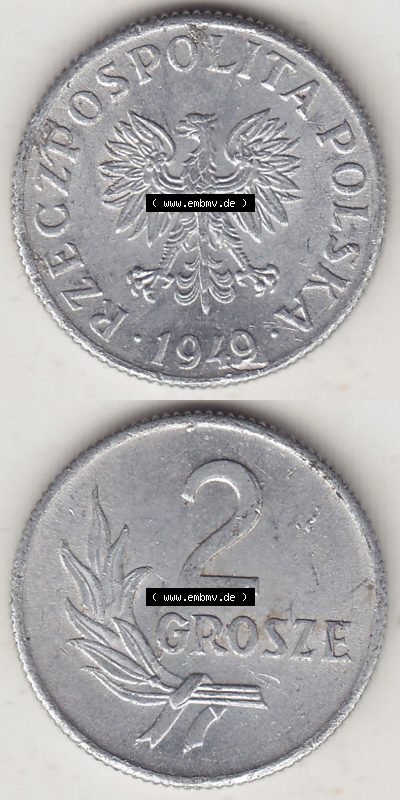 Münzen Republik Polen Eurovorläufer, Umlaufmünze 1949-1949, 2 Grosze, Groschen, Aluminium 1949. Vorderseite und Rückseite... Sammlung