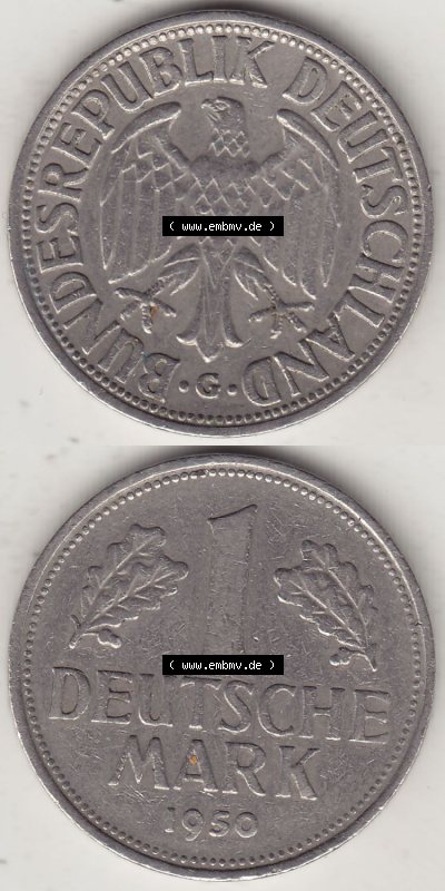 BRD Münzen 1 DM, Umlaufmünze 1950-2001, 1 DM Deutsche Mark, 1950 G-2. Vorderseite und Rückseite auf einen digitalen Bild /... Sammlung