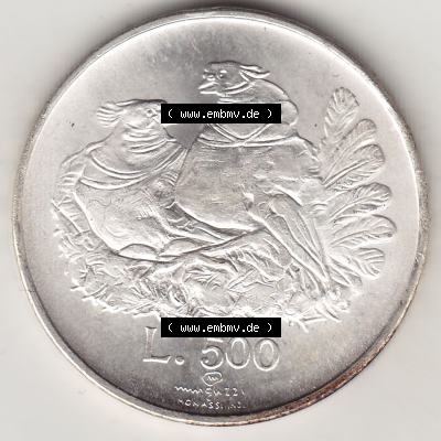 Aus offiziellen Münzensatz / KMS 1974 San Marino vor Euro 1974-1974, 50 Lire Silbermünze, L.500 MINGUZZI MONASSI INC. (2) Sammlung