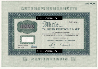 Alte Wertpapiere Bundesrepublik Deutschland in Deutsche Mark 1954, 1000 Deutsche Mark DM, Aktie Gutehoffnungshütte, Tausend Deutsche... Sammlung