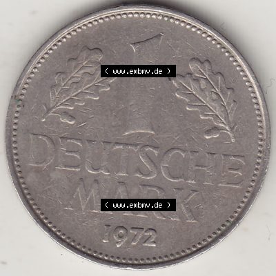 BRD Münzen 1 DM, Umlaufmünze 1950-2001, 1 DM Deutsche Mark, 1972 G-3. Rückseite der Münze aus Deutschland Sammlung