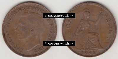 Münzen Großbritannien Eurovorläufer, Umlaufmünze vor Euroeinführung 1937-1948. 1 One Penny 1945 (Stück 1), George VI, GEORGIVS... Sammlung