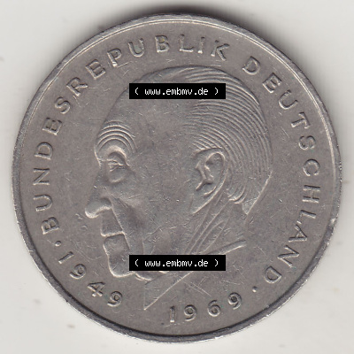 BRD Münzen 2 DM Gedenkmünze 1969-1987, 2 DM, Deutsche Mark Konrad Adenauer 1979 (Stück 1) F. Rückseite der Münze aus Deutschland Sammlung