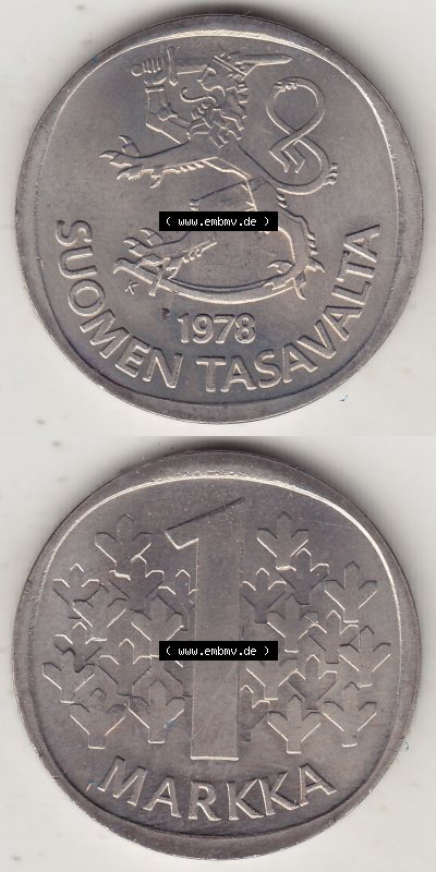 Münzen Finnland / SUOMI Eurovorläufer, Umlaufmünze vor Euroeinführung 1978-1978, Stempelglanz 1969-1993, 1 finnische Mark,... Sammlung