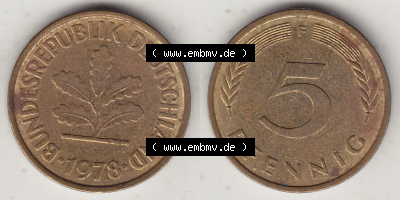 Münzen Deutschland 5 Pfennig-Deutsche Mark 1950-2001, 5 Pfennig, 1978 F-1 (3) Sammlung
